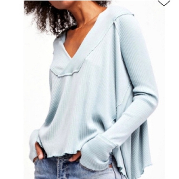 Free People We The Free Light Blue Long Sleeve Relaxed Fit Ribbed Knit Top S - Picture 2 of 10